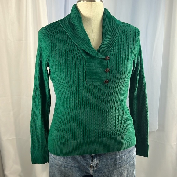 Jeanne Pierre green cable knit cotton v-neck long sleeves sweater medium - Picture 1 of 6
